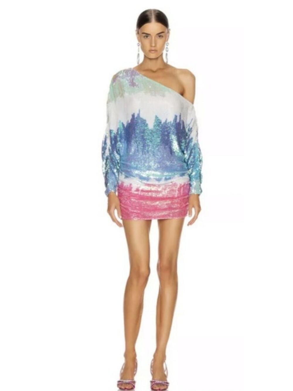 Retrofete Yasmin Sequin Dress in Unicorn Dip Dye Off the Shoulder Size S/M?